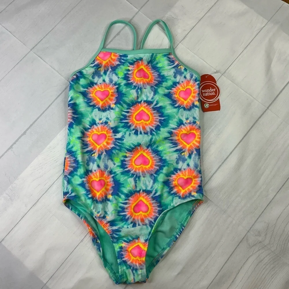 Wonder Nation Girls‎ Swimsuit Heart Tie Dye One Piece Size Medium UV Protection